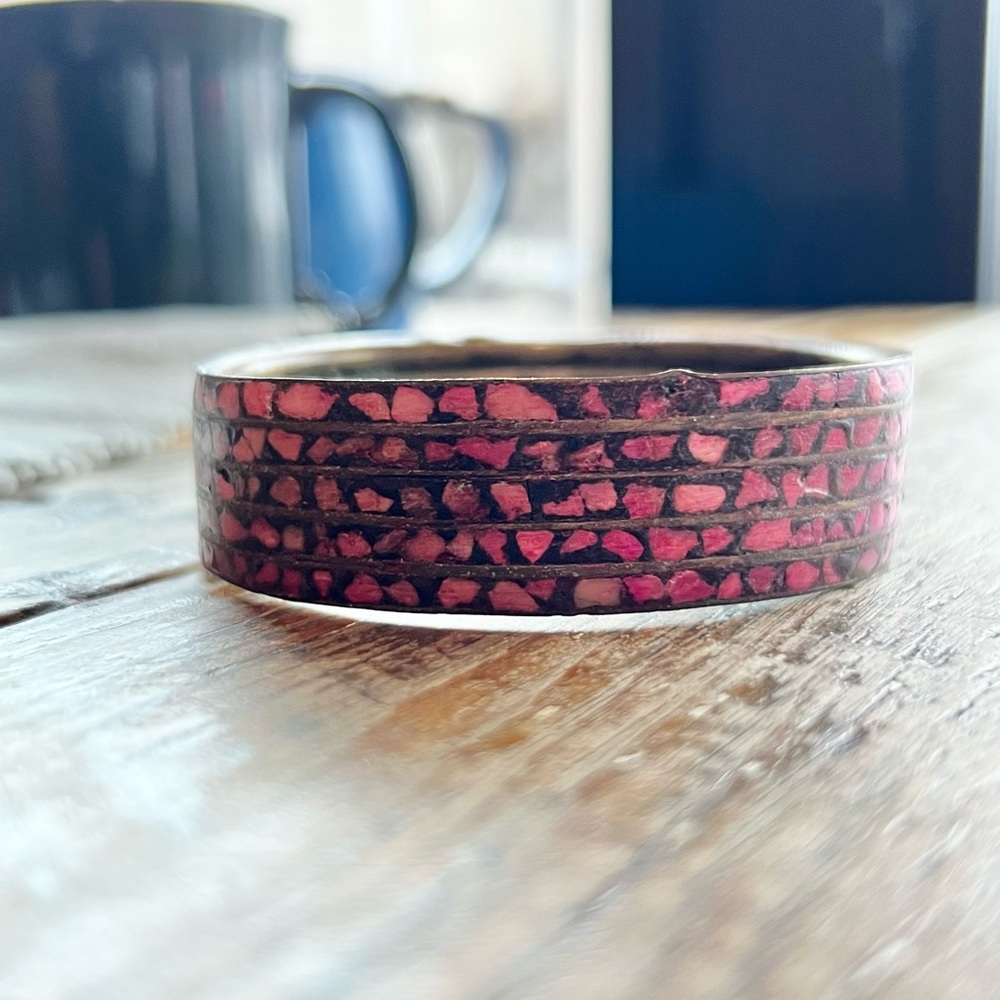 Vintage Dyed Wood Seed & Brass Bangle Bracelet India 1920's